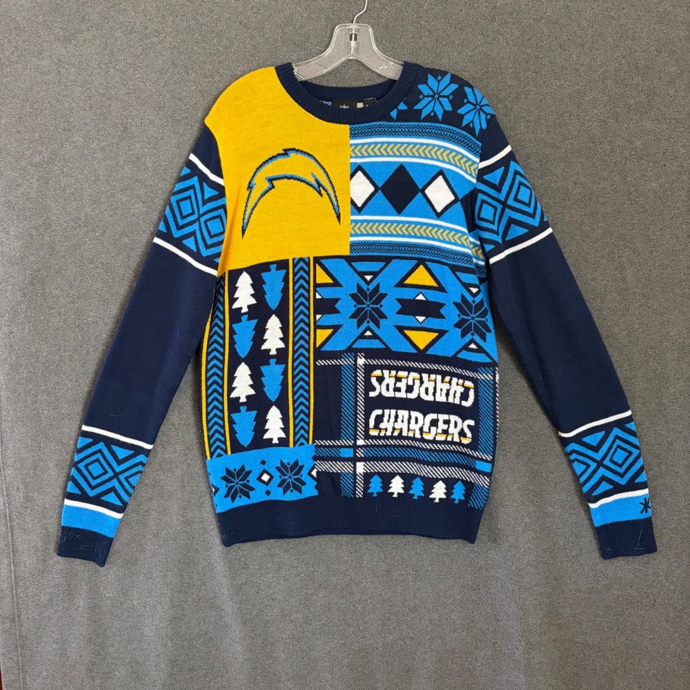 NFL Team Apparel Chargers Sweater Mens Medium Blue Gold Patchwork Holiday Logo